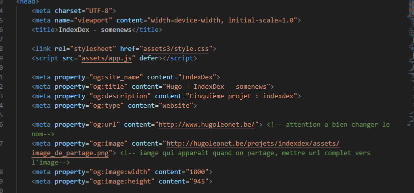 capture d'écrans des ligne de code des metas de partages